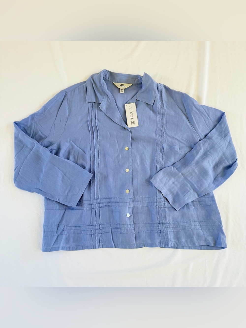 VTG 90s AKS 2X Blue Tencel Button Down Deadstock Pintuck NWT Lagenlook Resort